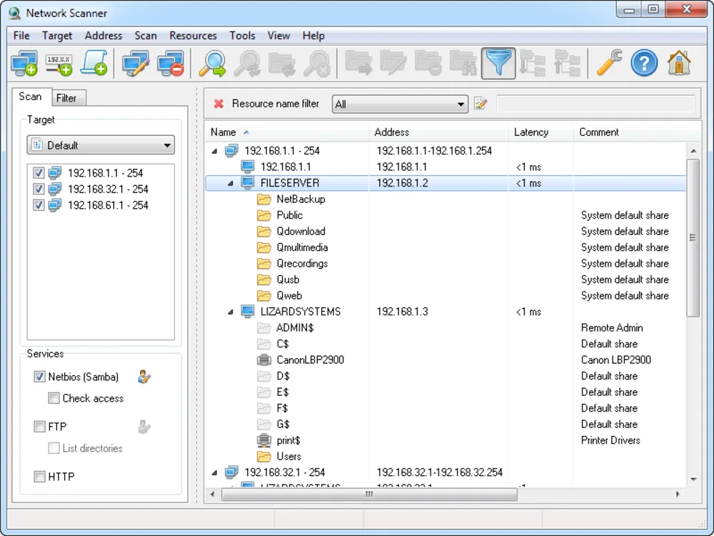 Network Scanner grid showing discovered computers and their shared resources